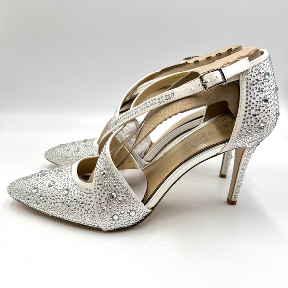Jessica‎ Simpson Size 9 White Satin Stiletto Point Toe D'Orsay Heels Pumps Shoes - Picture 6 of 13